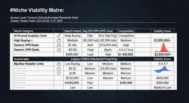 Niche viability matrix showing search intent, CPC/PPC cost, competition, and viability scores for various categories.